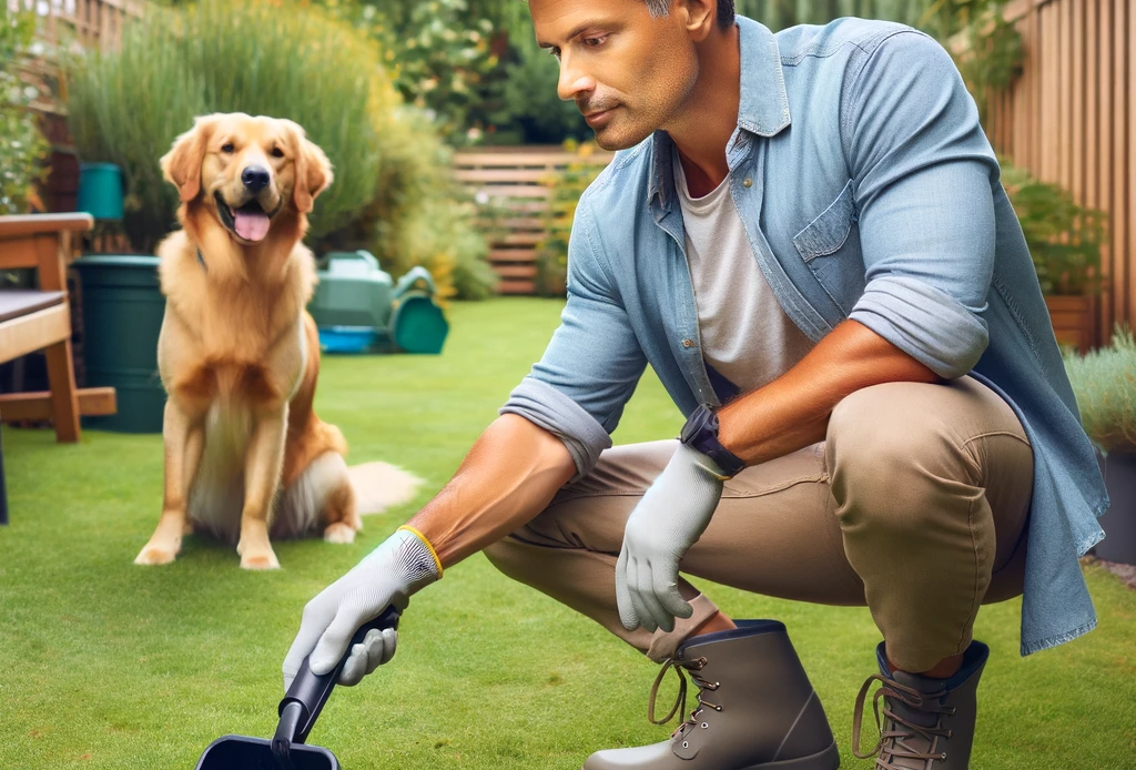 a-responsible-pet-owner-picking-up-dog-waste-in-a-backyard-The-human-a-middle-aged-man-with-short-hair-is-wearing-gloves