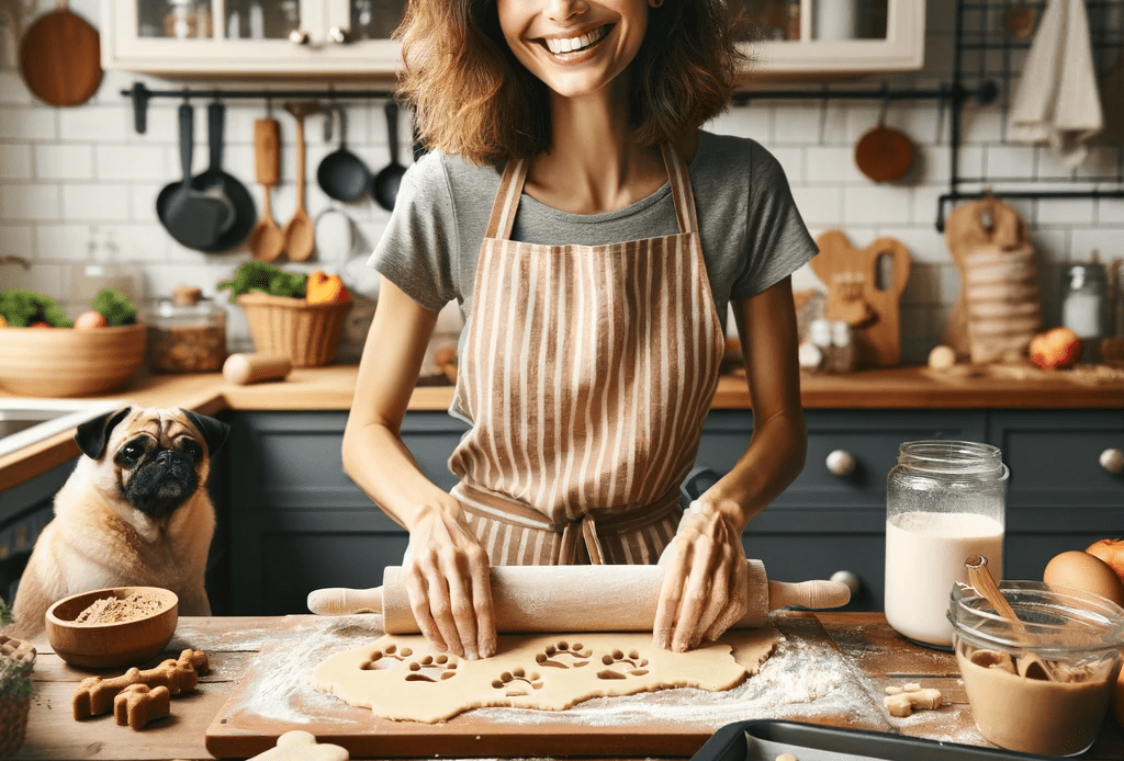 An-image-of-a-woman-baking-dog-treats-in-a-cozy-well-equipped-kitchen-The-woman-with-shoulder-length-curly-hair-is-wearing-a-cheerful-apron