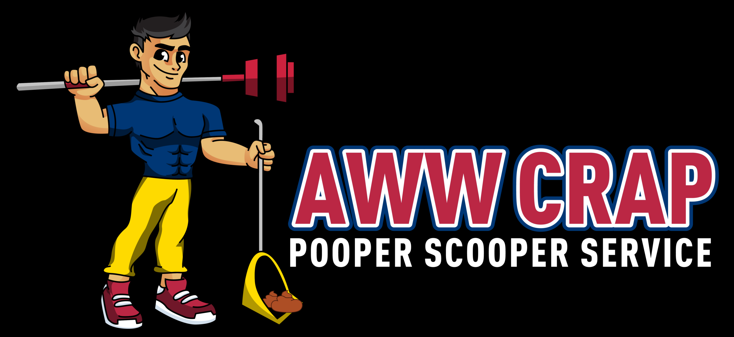 A cartoon mascot of a pooper scooper service, showing a smiling man with a scooper and a plunger, beside the company's name and logo.