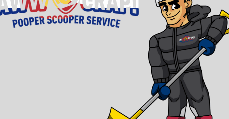 An animated character holding a scooper tool with a logo for a pooper scooper service above it.