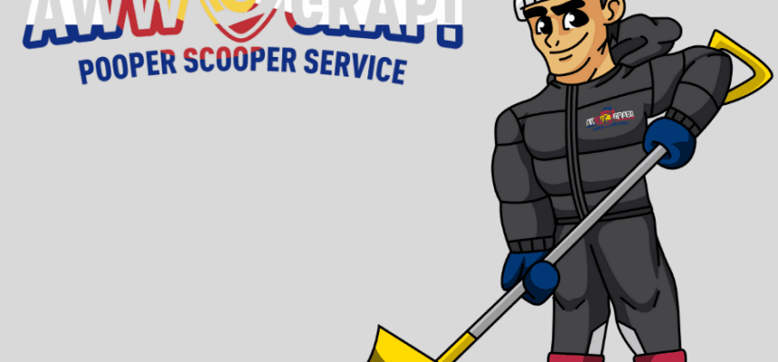 An animated character holding a scooper tool with a logo for a pooper scooper service above it.