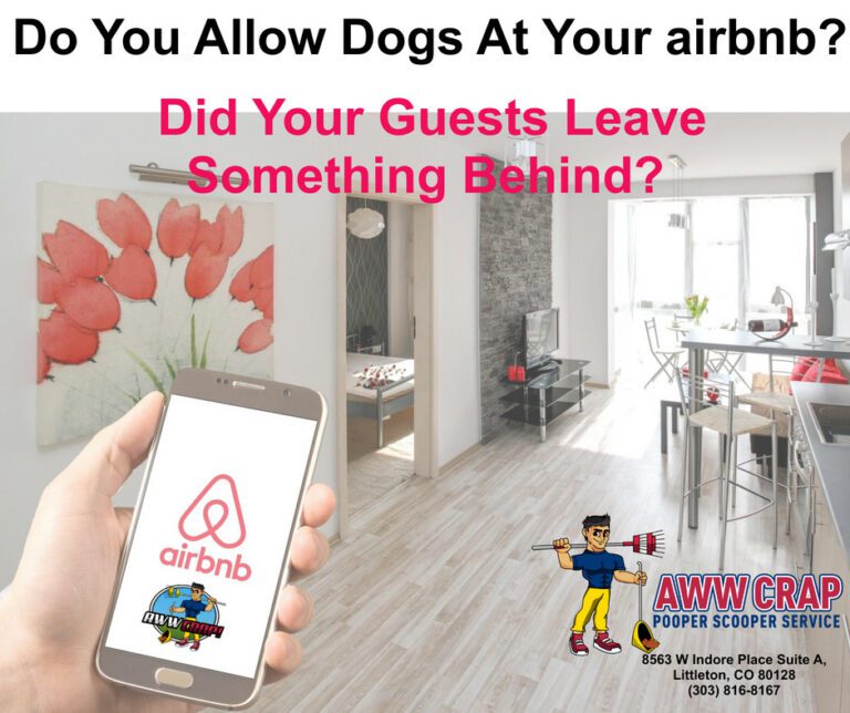 An advertisement showing a smartphone with the Airbnb app on screen, a modern living room, and a cartoon pooper scooper service logo.