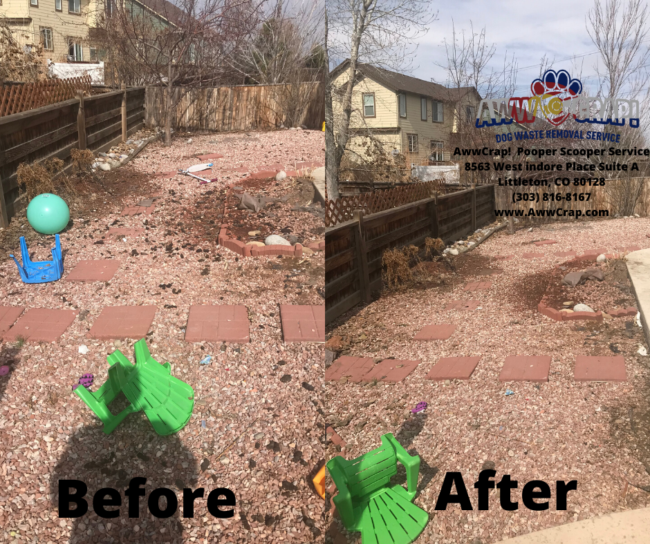 A before and after comparison of a backyard, showing it initially untidy with toys and debris, and then clean and organized after a service by a pet waste removal company.