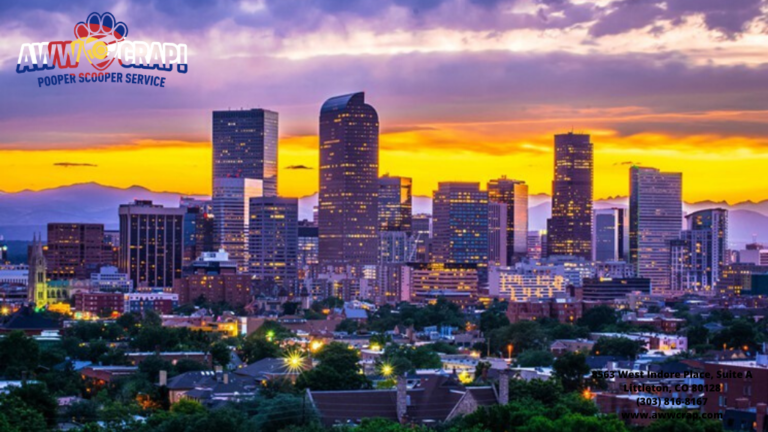 A vibrant city skyline at sunset with illuminated buildings and a logo and contact information overlay for 'AWWCORP Pooper Scooper Service.'