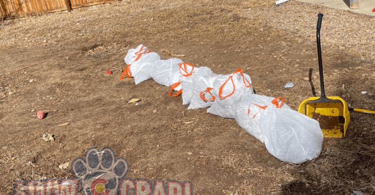 A series of white and orange traffic cones knocked over next to a yellow caution sign on a patchy grassy area.