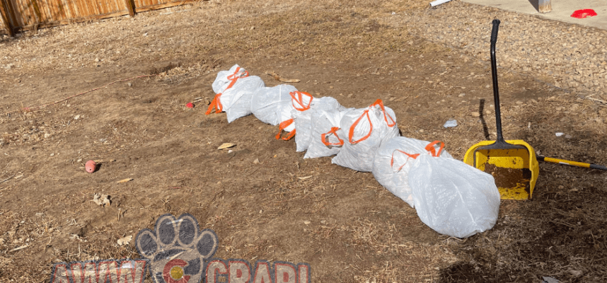 A series of white and orange traffic cones knocked over next to a yellow caution sign on a patchy grassy area.