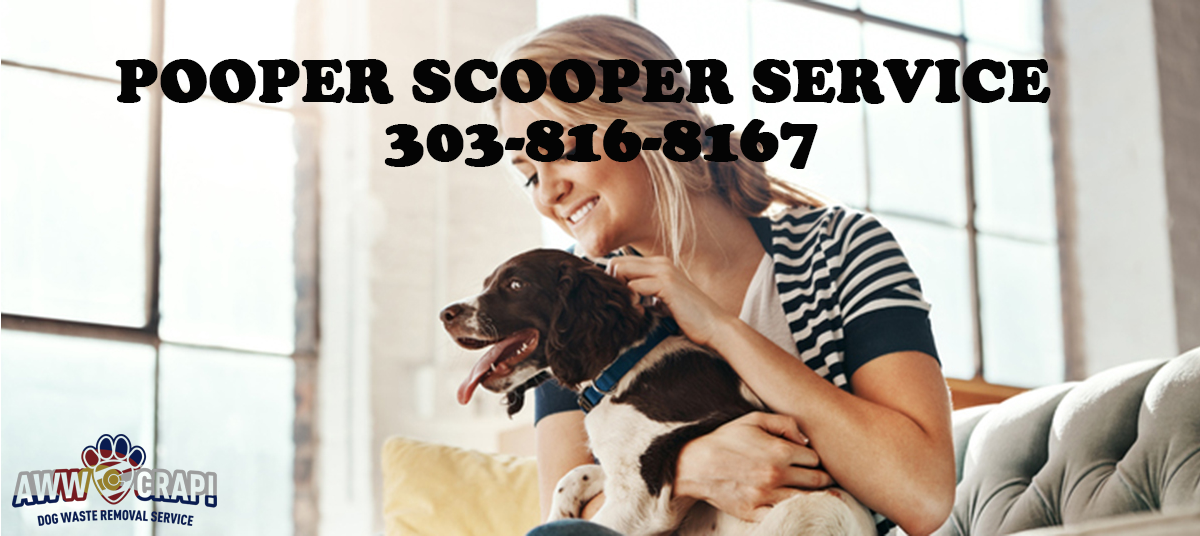 A woman is smiling while holding a dog, with a Pooper Scooper Service advertisement and a phone number displayed above them.