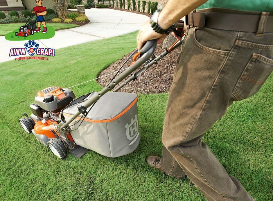 A person is mowing the lawn with a bag-equipped lawn mower; there's a playful business logo in the corner.