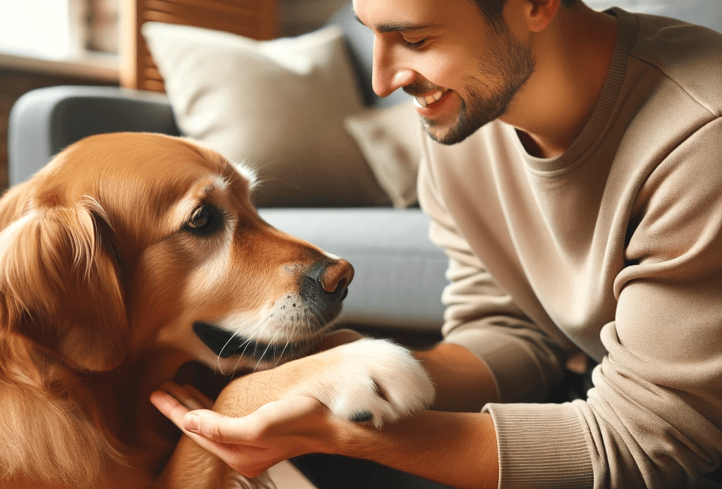 A-heartwarming-real-life-scene-of-a-dog-showing-affection-to-its-human-owner-The-image-portrays-a-dog-gently-nuzzling-the-hand-of-a-seated-person