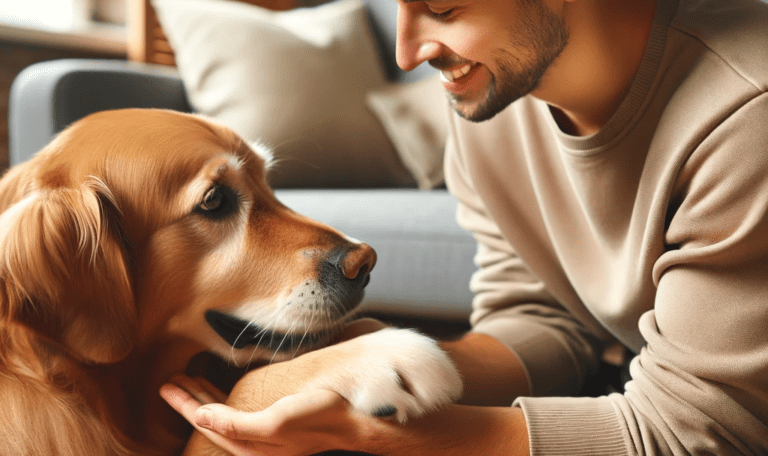 A-heartwarming-real-life-scene-of-a-dog-showing-affection-to-its-human-owner-The-image-portrays-a-dog-gently-nuzzling-the-hand-of-a-seated-person