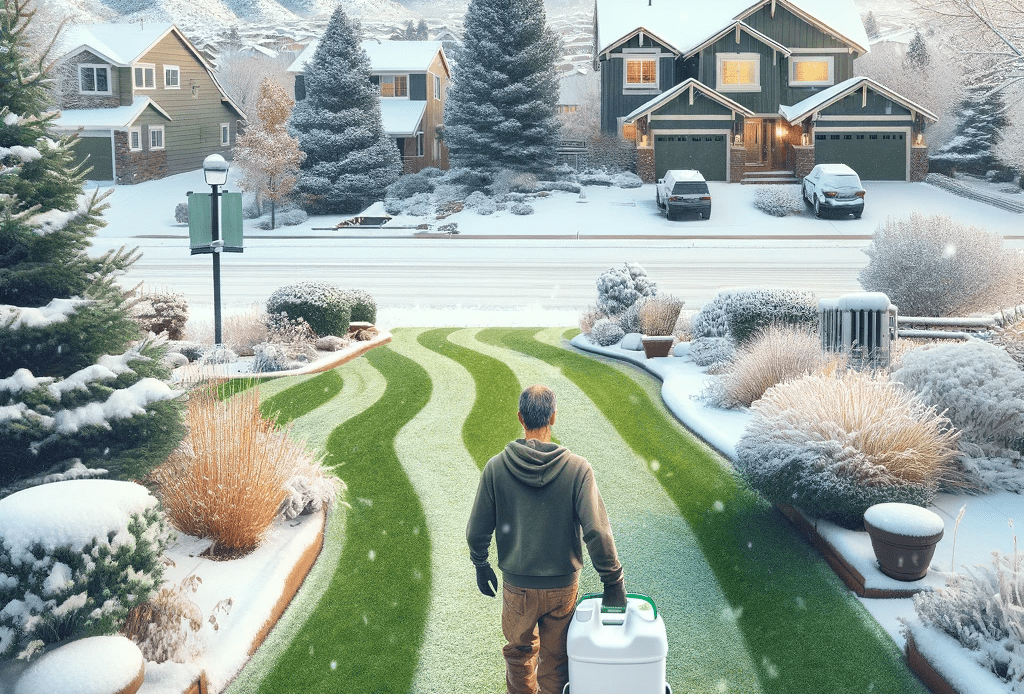 caring for your lawn in the winter months - Pooper Scooper Service | Lawn Mowing Service A-picturesque-winter-lawn-scene-in-Colorado-depicting-essential-lawn-care-activities-The-image-shows-a-homeowner-spreading-winter-fertilizer