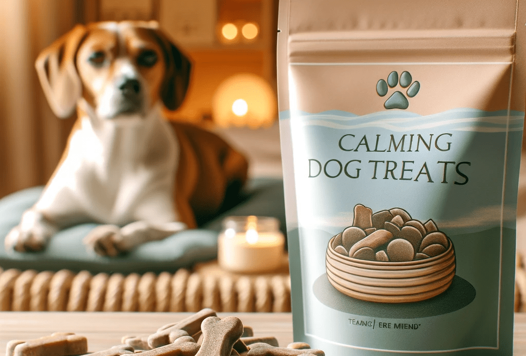 calming dog treats The scene includes a package labeled Calming Dog Treats with a serene and soothing design Beside the package