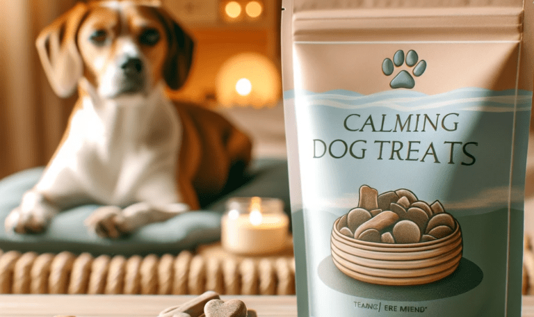 calming dog treats The scene includes a package labeled Calming Dog Treats with a serene and soothing design Beside the package