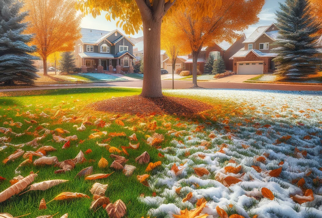 A picturesque scene of a lawn in Colorado during late fall or early winter, showing a combination of a little bit of snow and fallen leaves on the ground