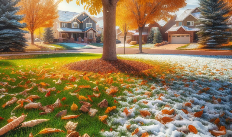 A picturesque scene of a lawn in Colorado during late fall or early winter, showing a combination of a little bit of snow and fallen leaves on the ground