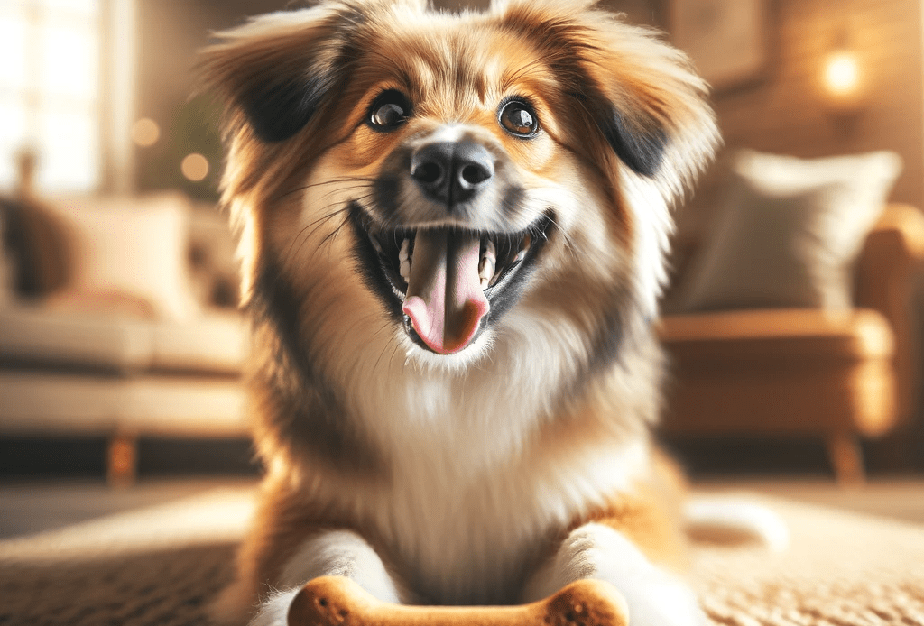 playful dog joyfully chewing on a dog treat in a cozy living room setting.