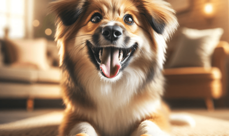 playful dog joyfully chewing on a dog treat in a cozy living room setting.