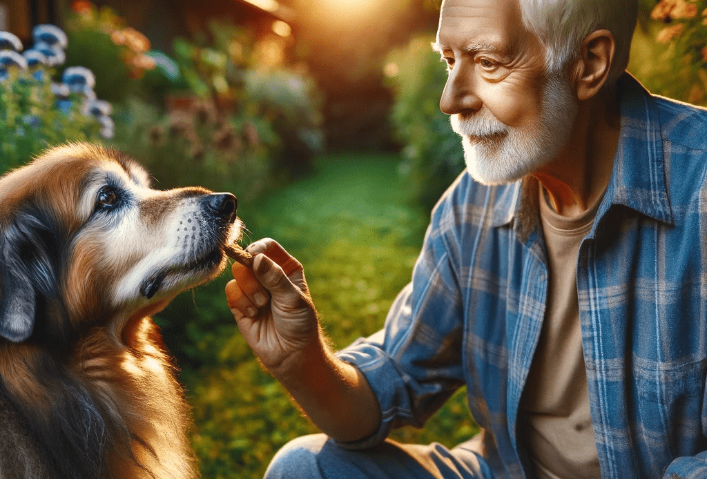 elderly man giving a dog treat to an old dog in a peaceful garden setting.