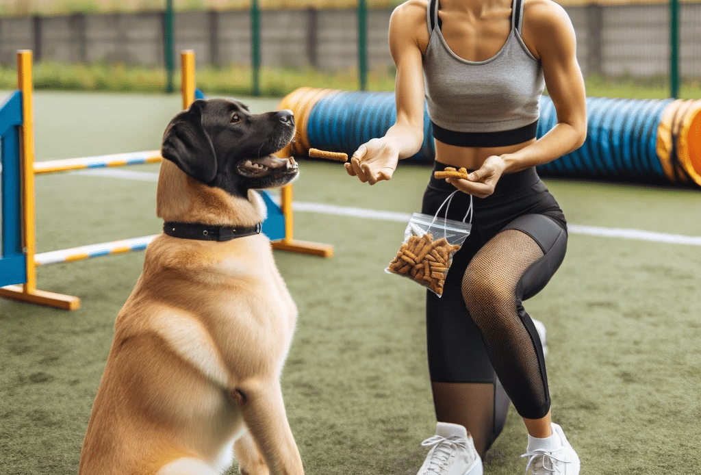 dog trainer using dog treats to train a dog in an outdoor training area.