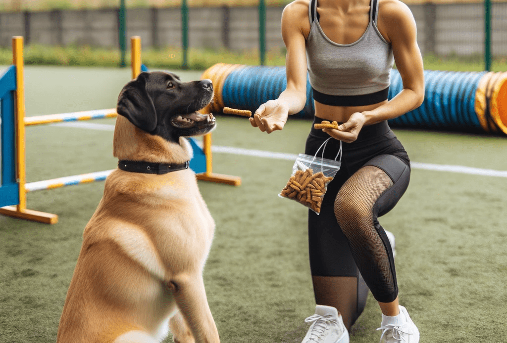 god trainer using dog training treats - Pooper Scooper Service | Lawn Mowing Service dog trainer using dog treats to train a dog in an outdoor training area.
