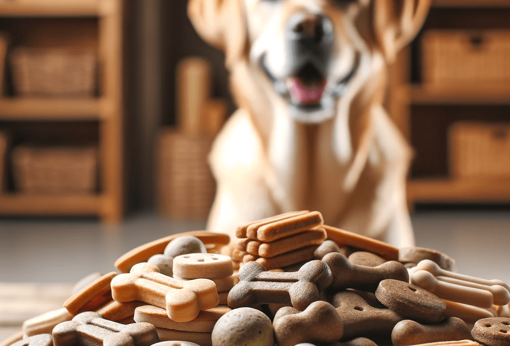 an assortment of dog treats made from collagen, set in a cozy, homely environment with a happy dog looking at the treats.