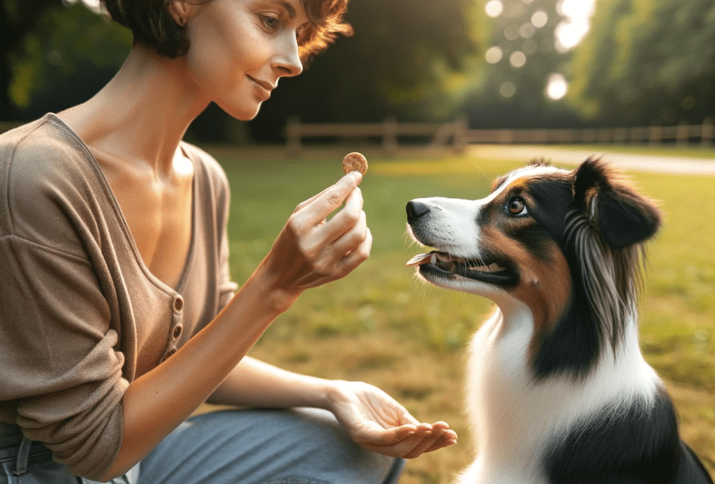 image of a human training a dog using treats.