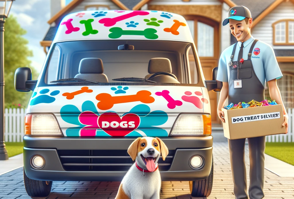 dog treat delivery service from AwwCrap! - Pooper Scooper Service | Lawn Mowing Service A-vibrant-and-cheerful-image-representing-a-dog-treat-delivery-service-The-central-focus-is-a-delivery-van-adorned-with-colorful-graphics-of-dog-bone