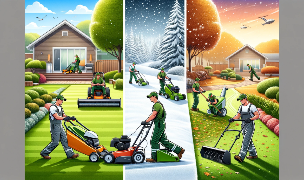 comprehensive-image-showcasing-a-multi-service-company-offering-lawnmowing-snow-and-leaf-removal-and-lawn-aeration-services-The-scene-is-divided