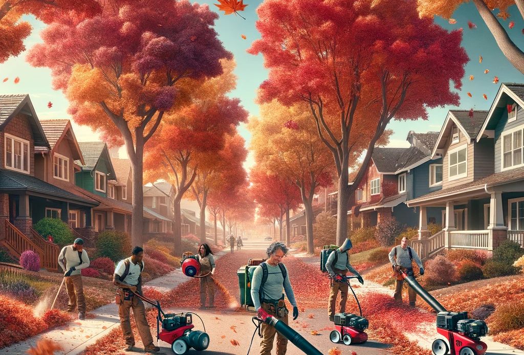 An-autumn-scene-in-Denver-Colorado-showcasing-a-leaf-removal-service-The-image-features-a-diverse-team-of-workers-including-a-Hispanic-woman