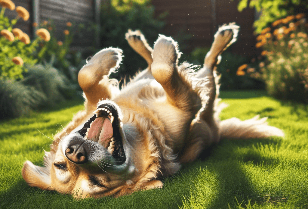 A joyful dog is rolling on its back in a sunny, lush green lawn with plants in the background.