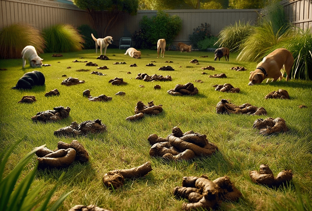 A-yard-showing-signs-of-neglect-with-noticeable-dog-waste-scattered-across-the-grass-The-grass-is-overgrown-and-patchy-indicating-a-lack-of-mainten