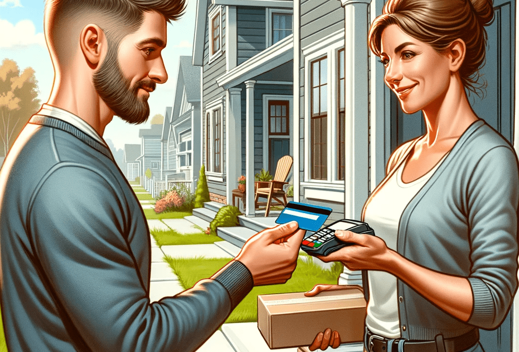 A stylized illustration of a woman handing a credit card to a delivery man holding a package outside a suburban home.