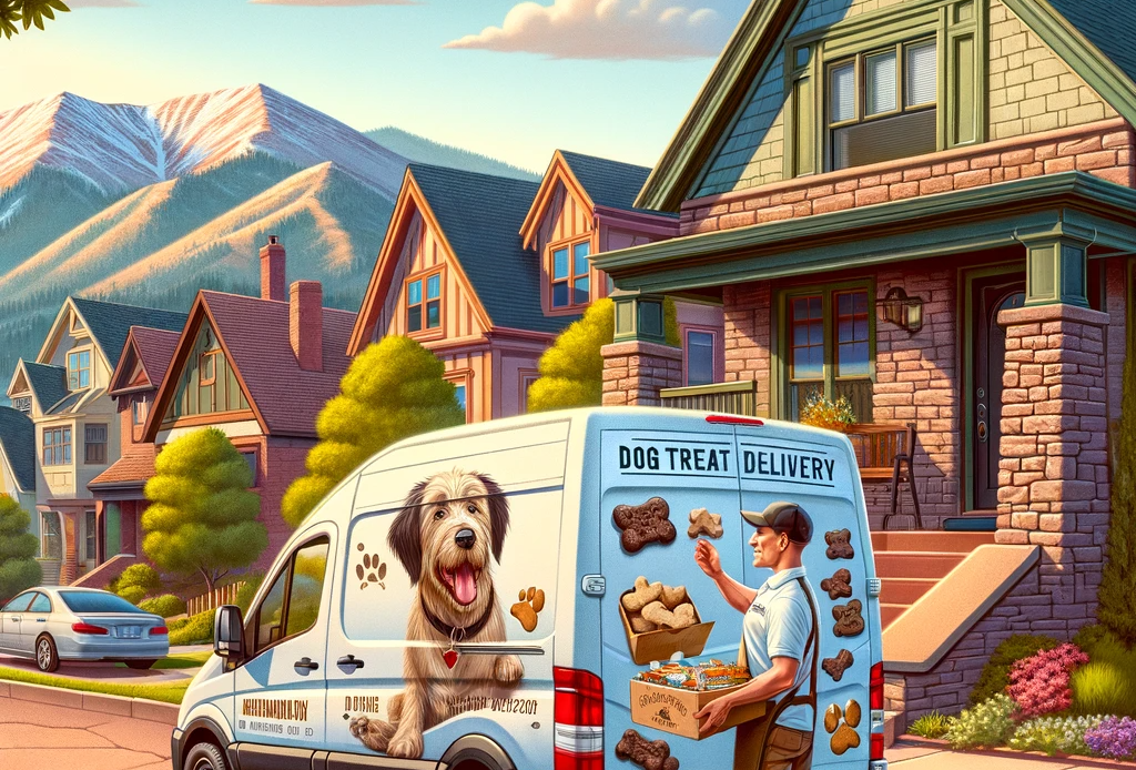 a-dog-treat-delivery-service-in-Denver-The-scene-features-a-delivery-van-decorated-with-images-of-dog-treats