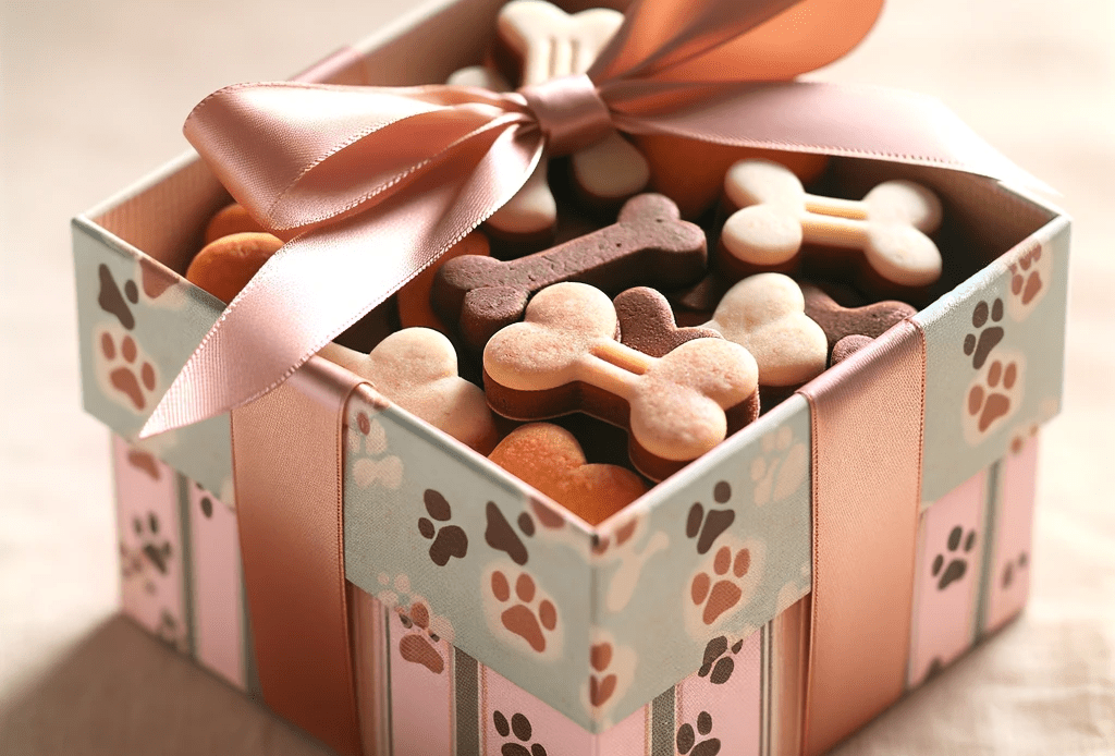 A-small-pretty-box-packed-with-dog-treats-The-box-is-elegantly-designed-featuring-a-combination-of-pastel-colors-and-a-charming-pattern-of-dog-paws