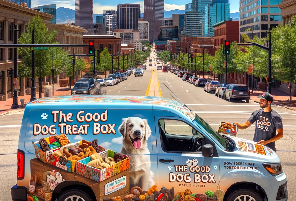 An-image-showcasing-The-Good-Dog-Treat-Box-a-dog-treat-delivery-service-in-the-city-of-Denver-Colorado-The-focal-point-is-a-delivery-vehicle