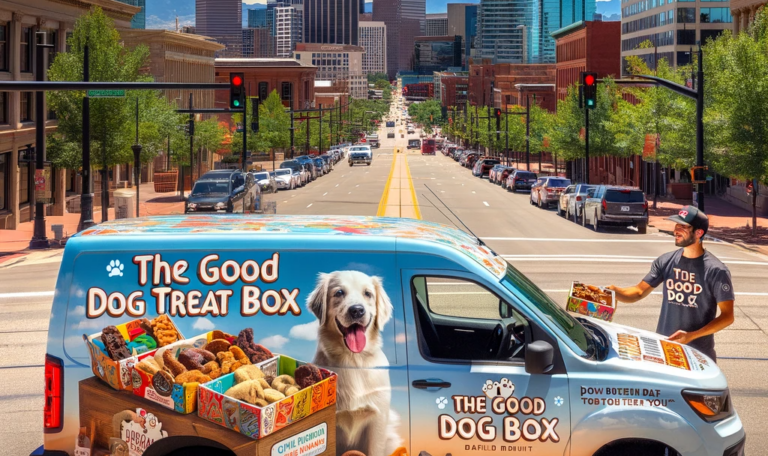 An-image-showcasing-The-Good-Dog-Treat-Box-a-dog-treat-delivery-service-in-the-city-of-Denver-Colorado-The-focal-point-is-a-delivery-vehicle