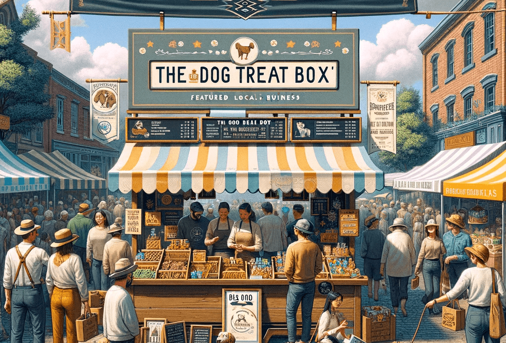 local dog treat delivery service in Denver - Pooper Scooper Service | Lawn Mowing Service An-image-of-a-local-business-event-featuring-The-Good-Dog-Treat-Box-The-scene-is-set-in-a-bustling-outdoor-event-possibly-a-local-fair-or-market-