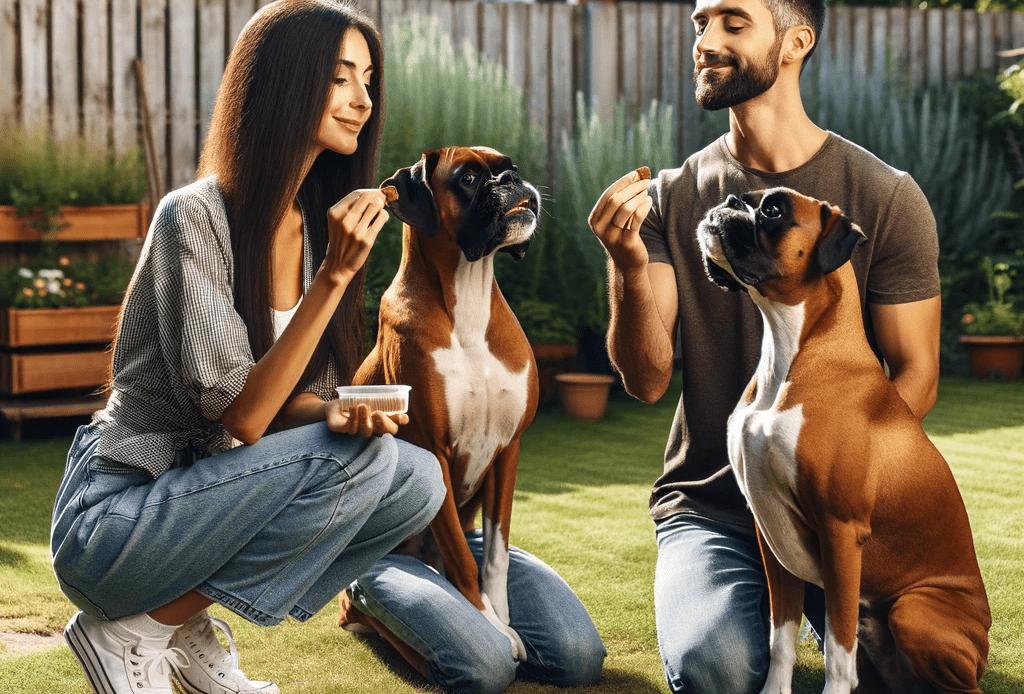 An-image-of-a-husband-and-wife-with-their-two-boxer-dogs-sitting-patiently-for-a-treat-The-couple-is-casually-dressed-sitting-on-the-grass