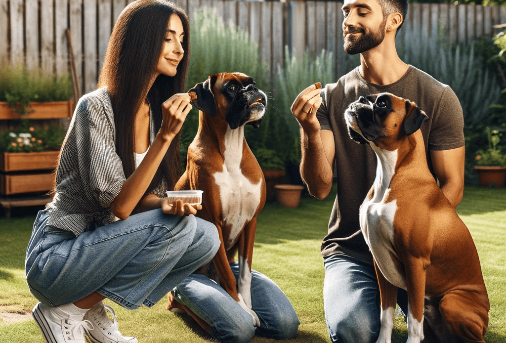 dog treat delivery in Littleton - Pooper Scooper Service | Lawn Mowing Service An-image-of-a-husband-and-wife-with-their-two-boxer-dogs-sitting-patiently-for-a-treat-The-couple-is-casually-dressed-sitting-on-the-grass
