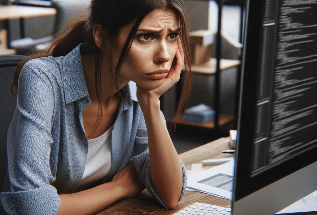 A-woman-sitting-in-front-of-a-computer-showing-signs-of-frustration-She-is-leaning-her-face-on-one-hand-her-eyebrows-are-furrowed