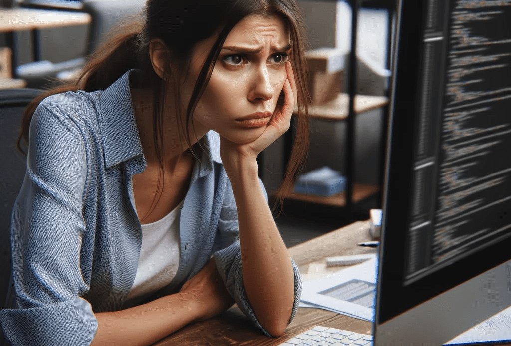 awwcrap offering multiple services - Pooper Scooper Service | Lawn Mowing Service A-woman-sitting-in-front-of-a-computer-showing-signs-of-frustration-She-is-leaning-her-face-on-one-hand-her-eyebrows-are-furrowed
