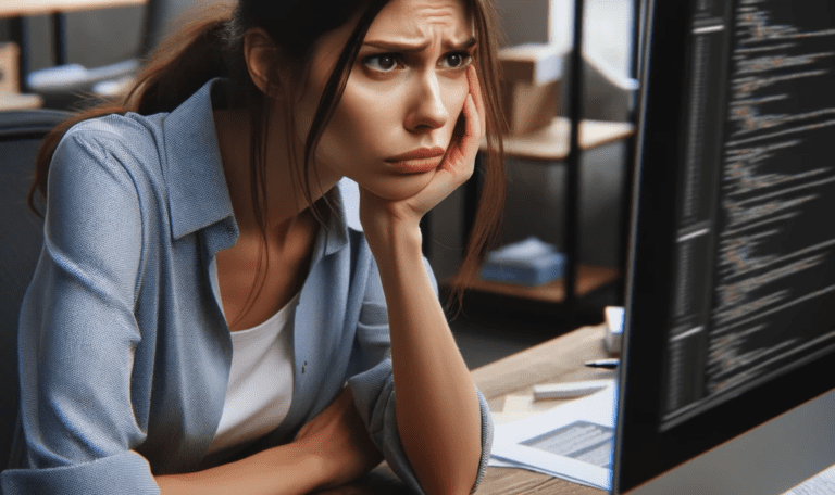 A-woman-sitting-in-front-of-a-computer-showing-signs-of-frustration-She-is-leaning-her-face-on-one-hand-her-eyebrows-are-furrowed