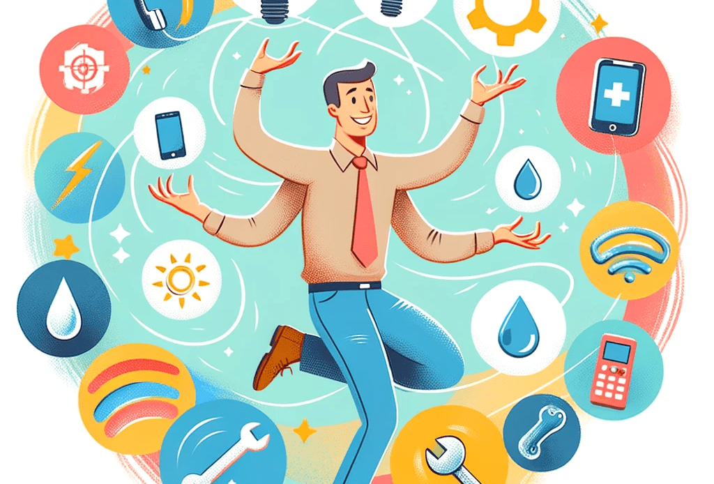 A-whimsical-illustration-of-a-man-juggling-various-symbols-representing-different-service-providers-The-man-is-in-the-center-energetically-juggling