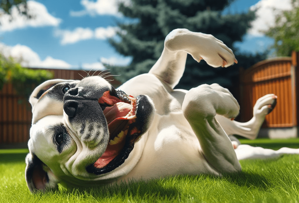 white boxer dog happy rolling in the grass