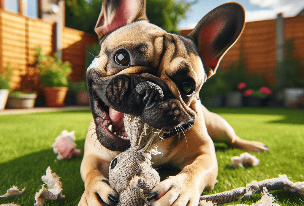 A-French-Bulldog-playfully-chewing-up-a-dog-toy-in-a-backyard