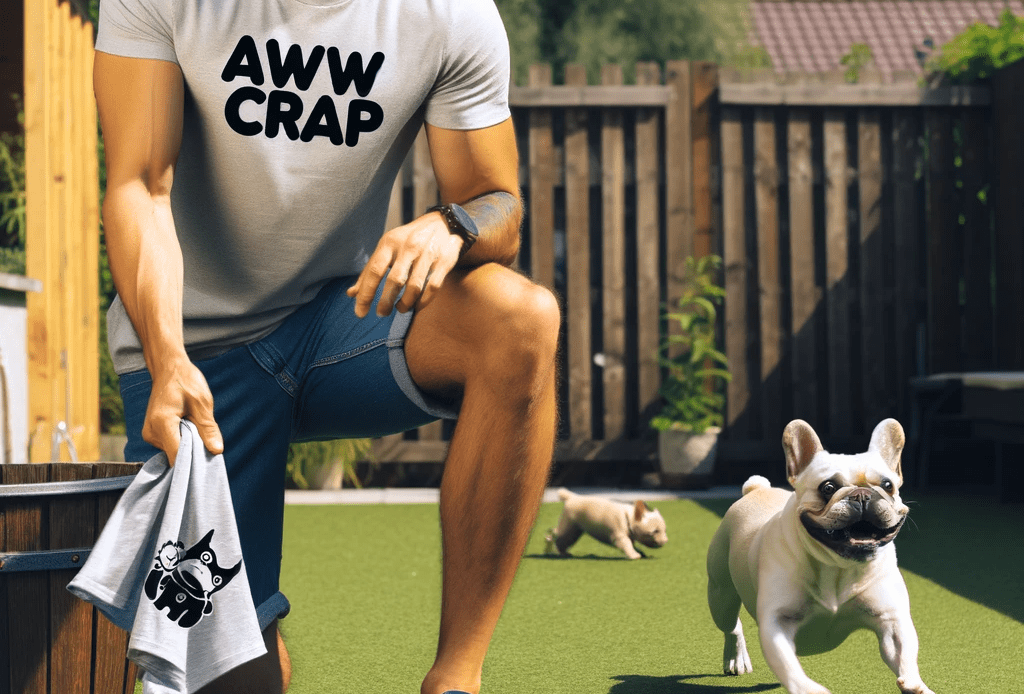 An-image-of-a-man-wearing-a-T-shirt-with-the-logo-AwwCrap-on-it-picking-up-dog-toys-in-a-backyard