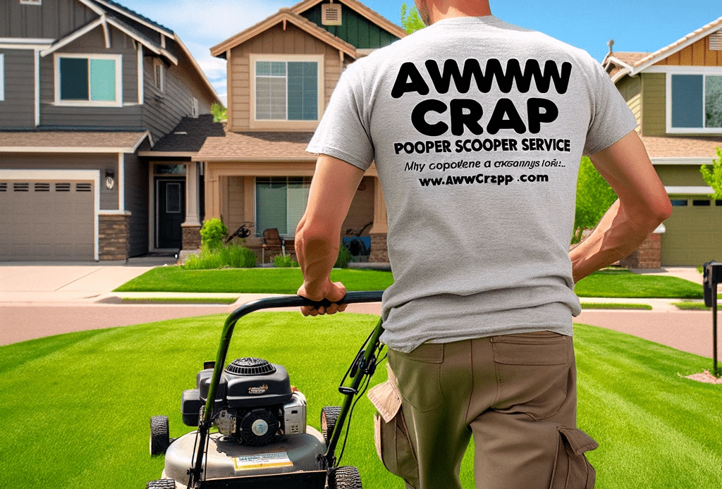 An-image-of-a-man-mowing-a-lawn-in-Parker-Colorado-The-man-is-wearing-a-work-shirt-with-the-logo-Awwcrap-Pooper-Scooper-Service