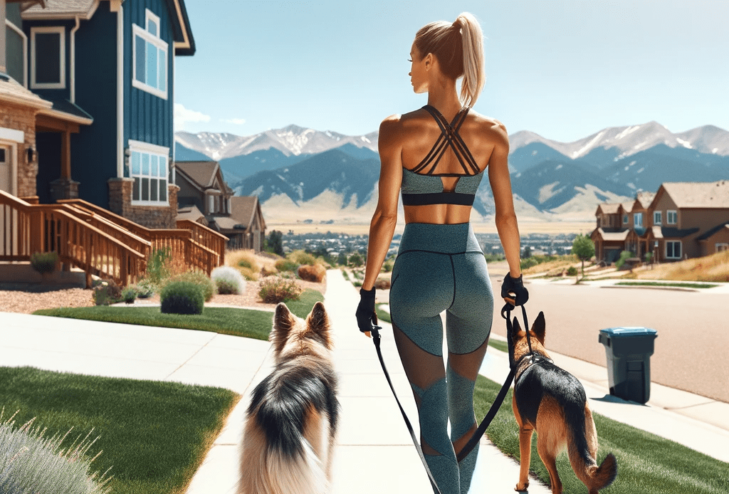 An-image-of-a-fitness-oriented-woman-walking-two-dogs-in-Wheat-Ridge-Colorado-The-setting-is-a-beautiful-suburban-area-with-mountain-views