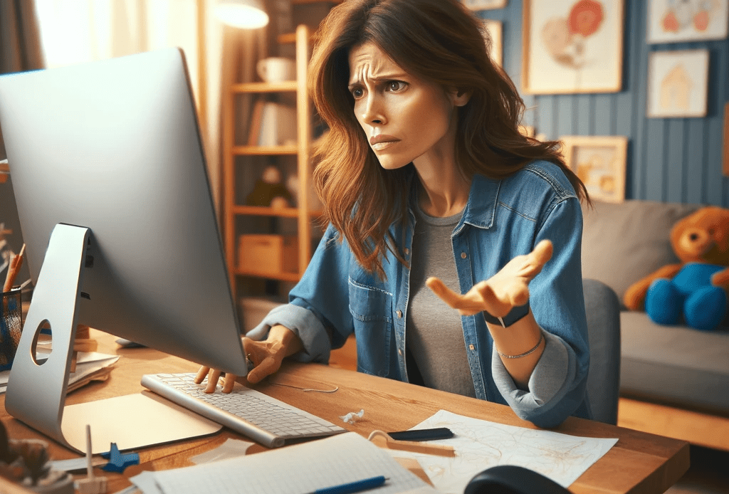 An-image-depicting-a-stay-at-home-mom-working-on-a-computer-looking-frustrated-Shes-in-a-home-office-setting-with-a-desk-computer