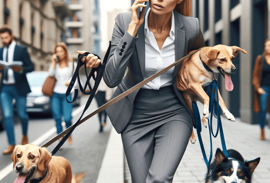 An-image-of-a-busy-businesswoman-trying-to-walk-two-dogs-while-talking-on-a-cell-phone-She-is-dressed-in-professional-business-attire-perhaps-a-suit